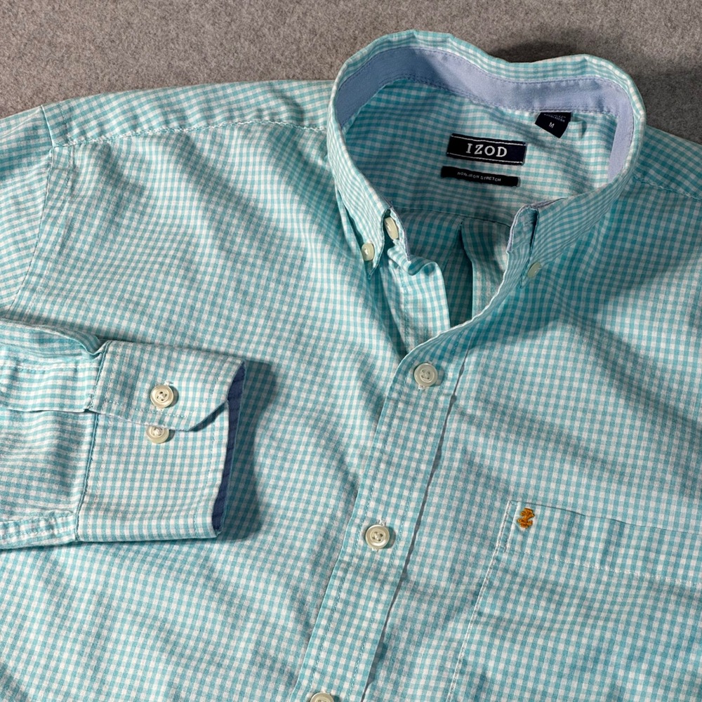 IZOD Mens Non-Iron Stretch Gingham Button Down Shirt Aqua Blue White Medium